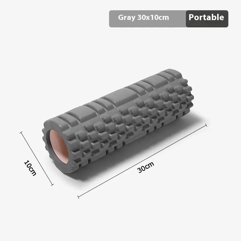 EVA foam roller for fitness in black, grey, pink, sky blue, or light purple, showing 30cm and 33cm size options.