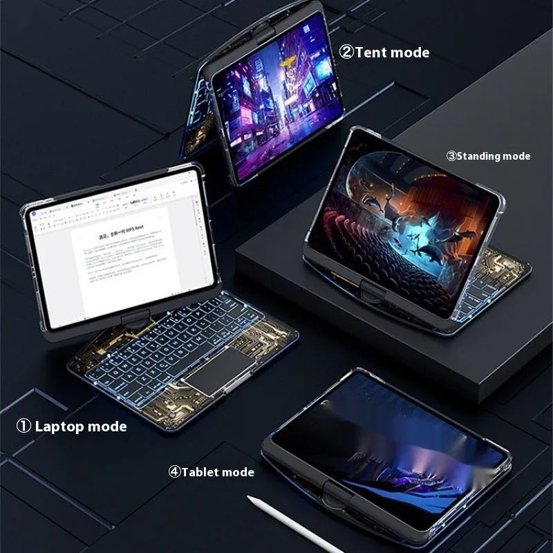 Transparent rotating keyboard protective case for iPad Air 5 tablet showing wireless keyboard and 360-degree hinge