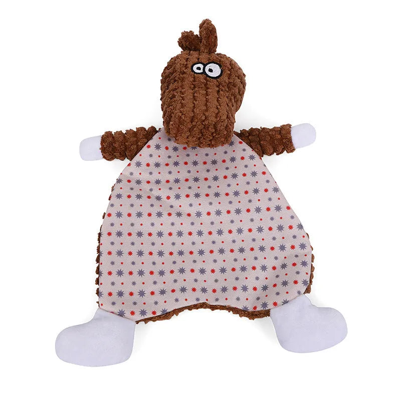 Pet stuffed toy showing fox, elephant, and dinosaur designs in brown, grey, and orange colours with soft velvet material