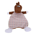 Pet stuffed toy showing fox, elephant, and dinosaur designs in brown, grey, and orange colours with soft velvet material