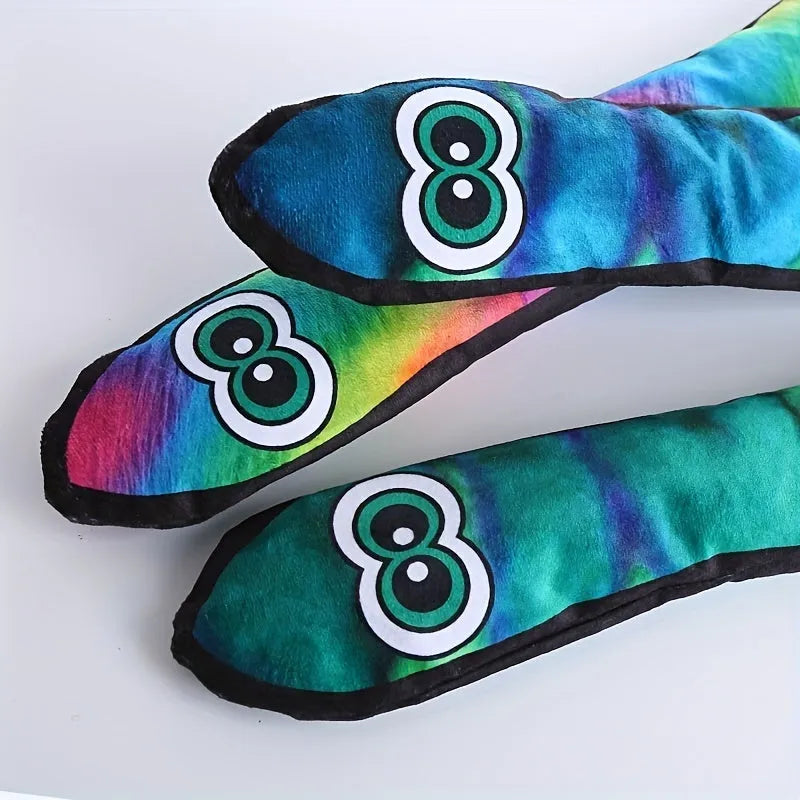 Multicolour striped print snake-shaped plush dog squeaky toy for interactive chew play