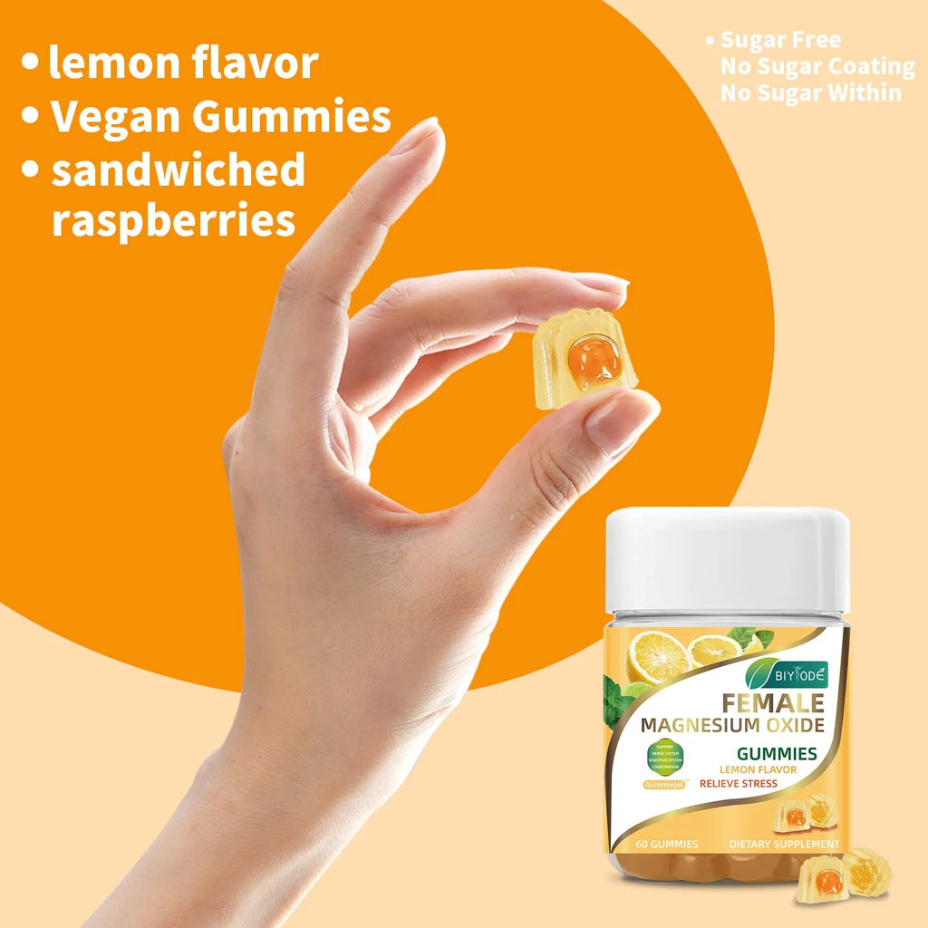 Bottle of lemon-flavoured magnesium oxide gummies supplement for stress relief and sleep support, 60 gummies per bottle