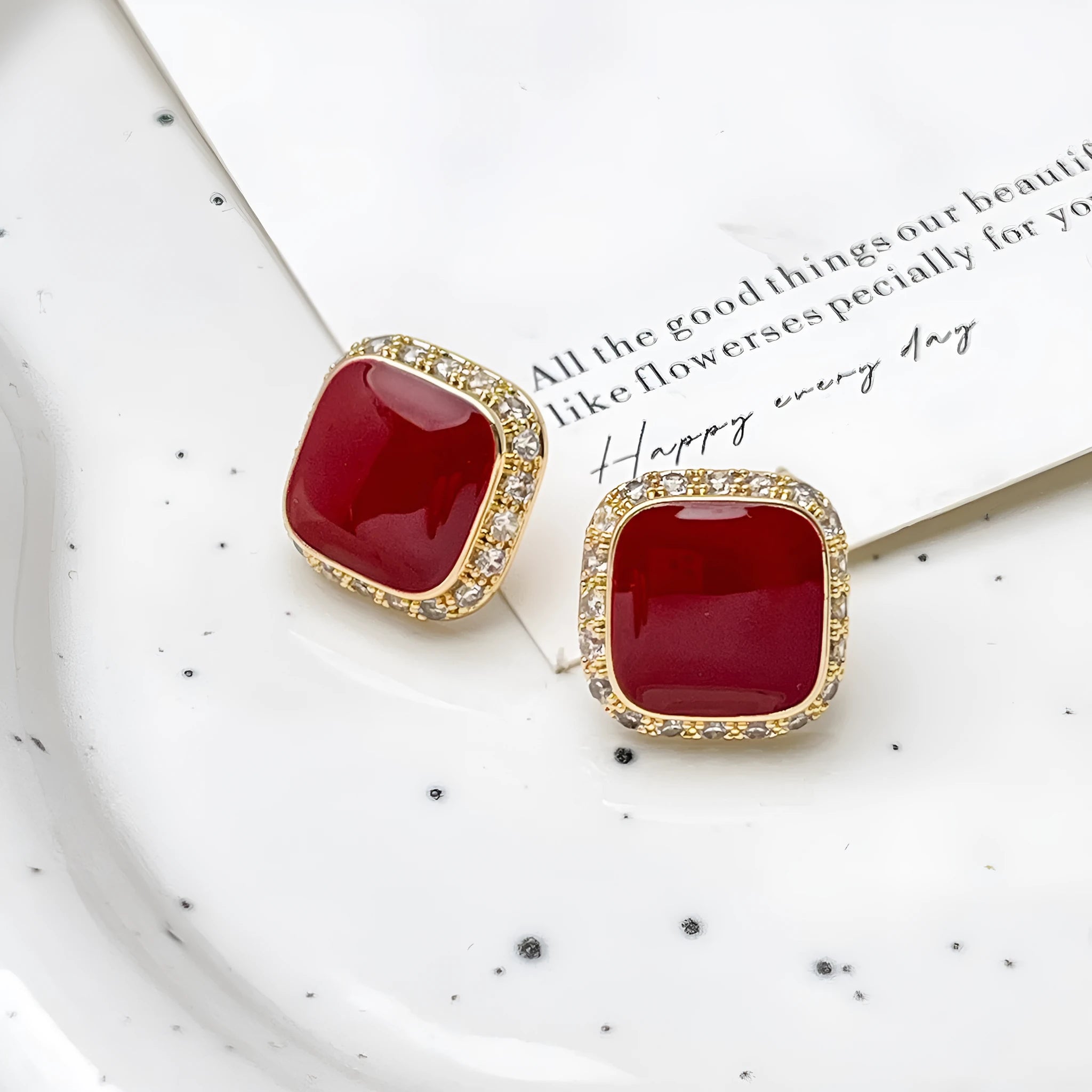 Red geometric square plate earrings with retro style and inlaid detailing