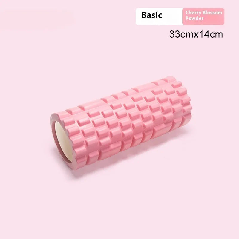 EVA foam roller for fitness in black, grey, pink, sky blue, or light purple, showing 30cm and 33cm size options.