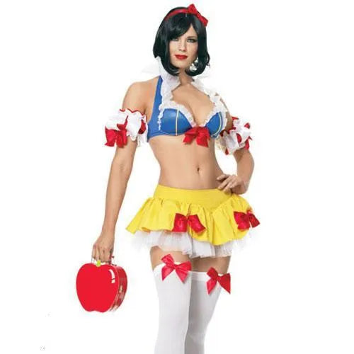 Anime Snow White Halloween dress cosplay costume set with headdress, top, skirt and hand sleeves