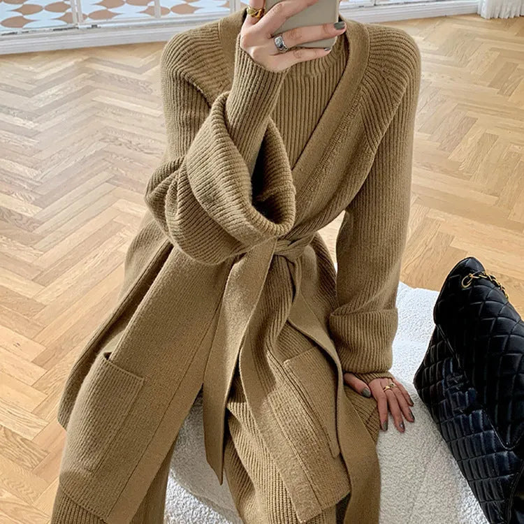 Women's knitted polyester three-piece set with cardigan, sweater, and wide-leg pants featuring leather stitching trim