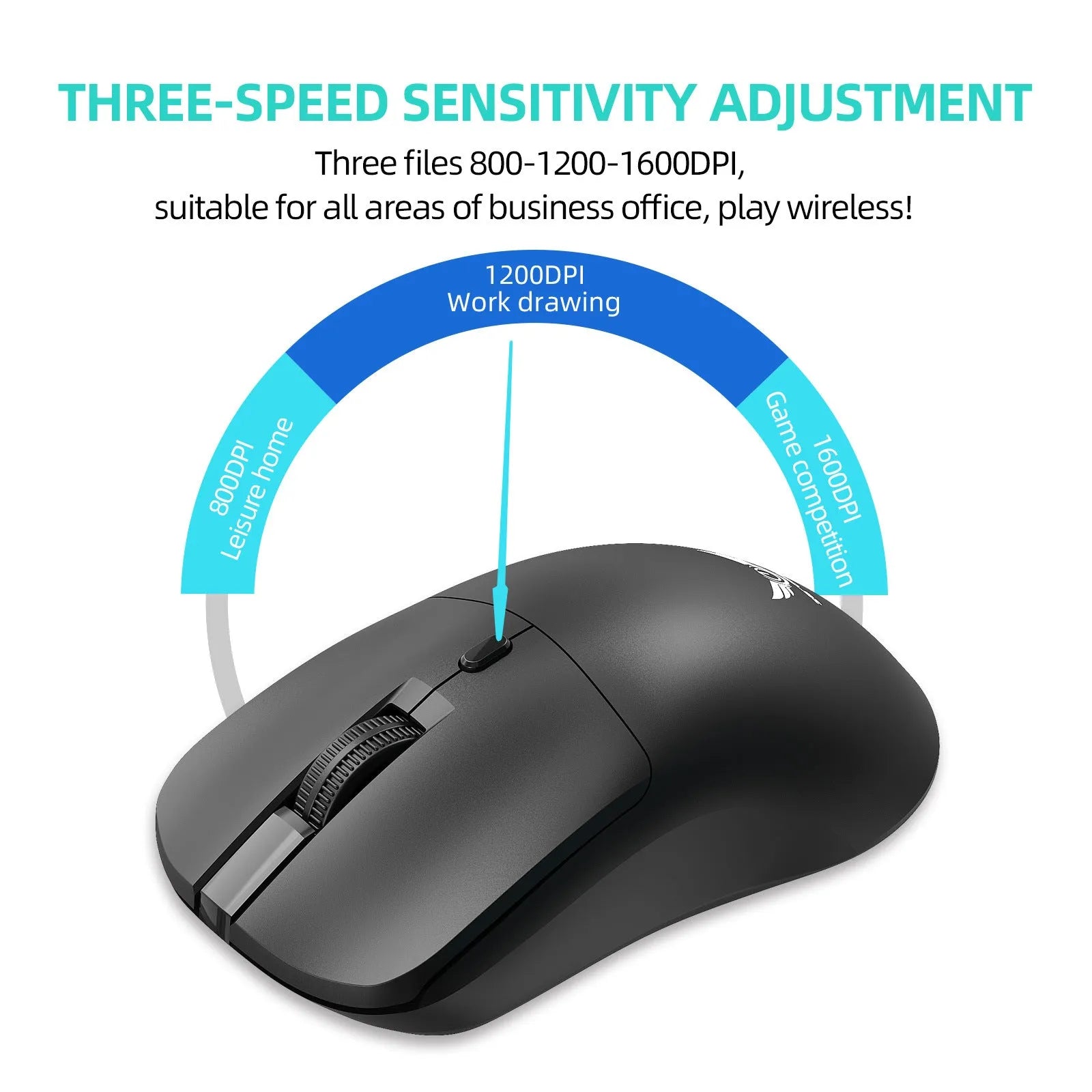 Black wireless computer mouse with three buttons and scroll wheel for laptop and desktop use