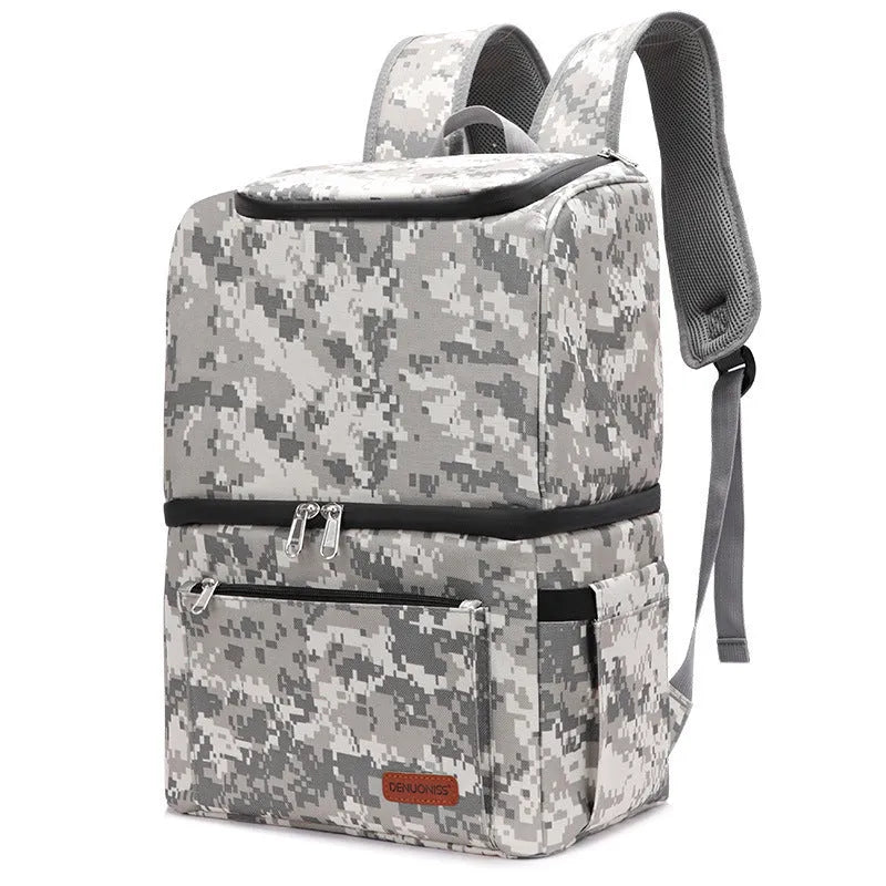 Blue insulated backpack with double-layer construction and refrigerated ice pack compartment open