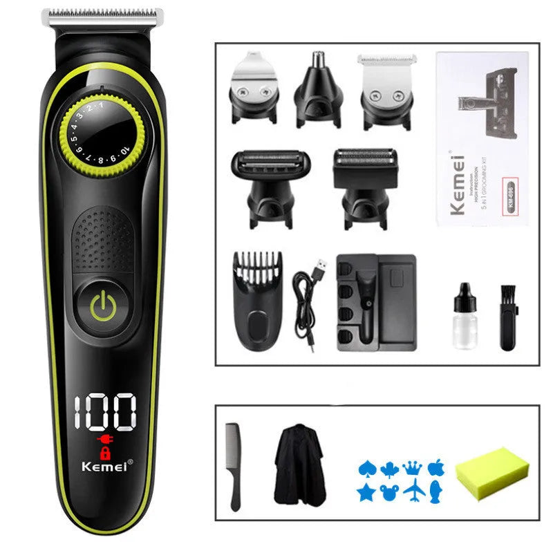Black KM-696 household electric hair clipper set with USB charging cable and cleaning brush.