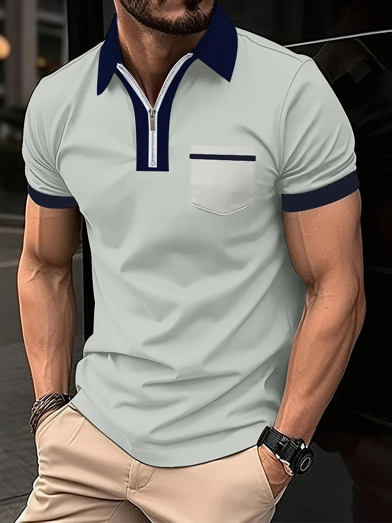 Men's casual short sleeve polo shirt with chest pocket in multiple colour combinations