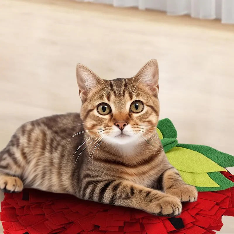 Red and green strawberry-shaped snuffle mat for dogs and cats on a floor.