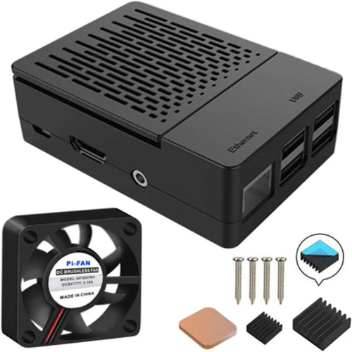 Black ABS plastic protective case for Raspberry Pi 4 with fan support and ventilation slots