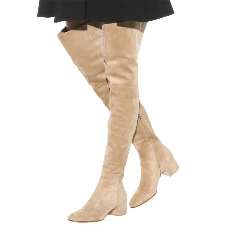 Grey suede women's flat over-the-knee boots with pointed toe and thick low heel.
