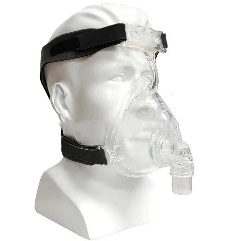 Transparent CPAP breathing mask with silicone construction and ventilator adapter accessories