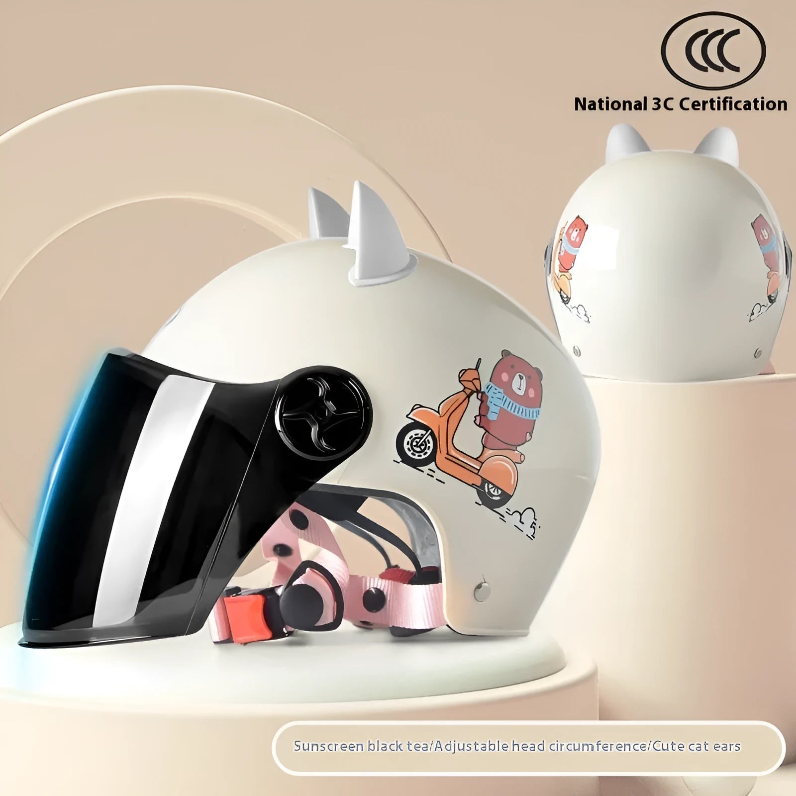 3C certified children's helmet with cat ear design, Blue Bunny colour, ABS shell