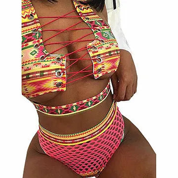 Women's cross strap fishnet high waist bikini set in multicolor checkered pattern, polyester swimsuit with top and shorts