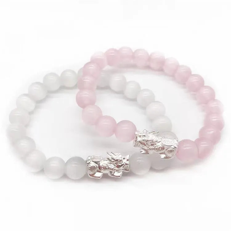 Natural crystal stone powder cat eye bracelet hand-woven silver with pink cat eye stones