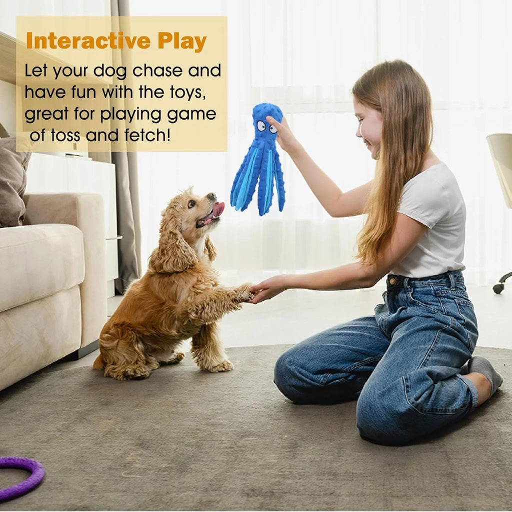 Blue octopus-shaped dog toy with tentacles, no stuffing, suitable for chewing and interactive play