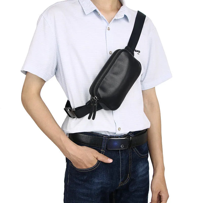 Men's small cowhide leather crossbody bag in black, brown, and light brown solid colours, 17cm x 3.5cm x 11cm