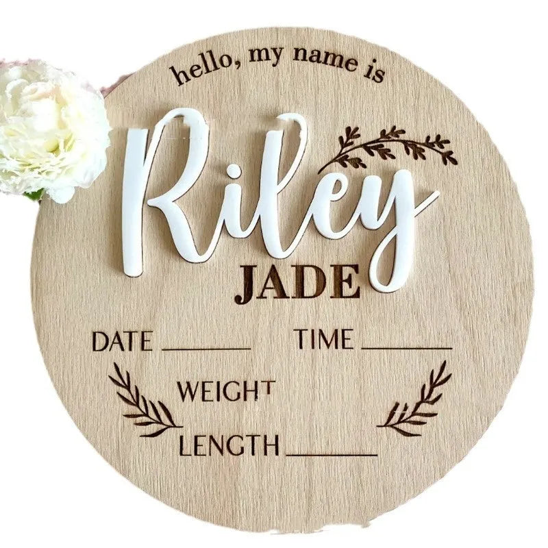 15cm square wooden newborn name label with birth information displayed on plywood plaque