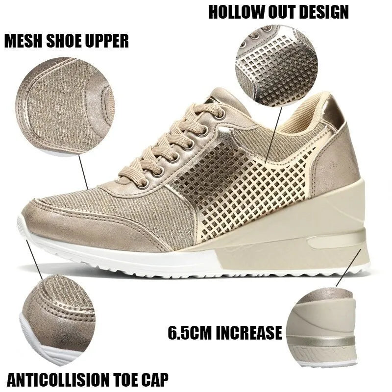 Women's PU lace-up height increasing sneakers 6.5cm round toe casual walking shoes Black Gold Grey Leopard