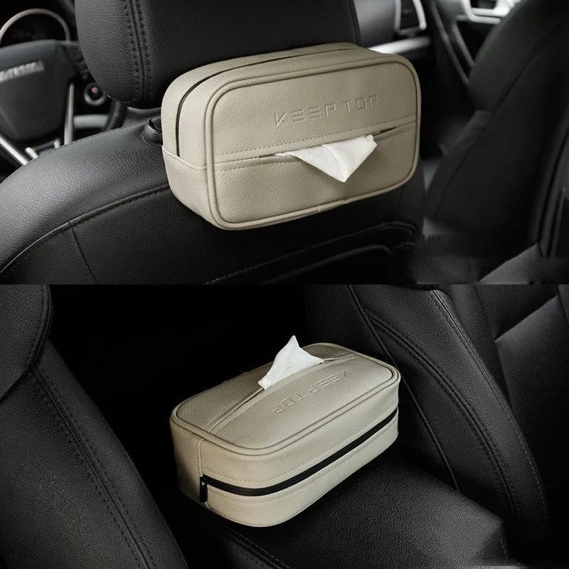 Black PU leather hanging storage box for paper bags, shown suspended, with dimensions 23x13x9cm.