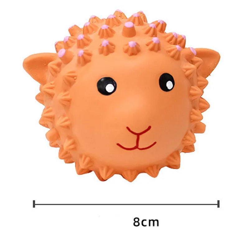 Orange and yellow spiky latex squeaky dog toy for small to medium breeds.