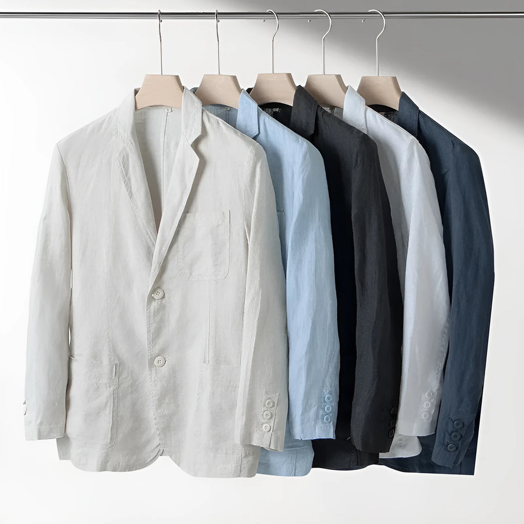 Men's loose fit linen casual blazer jacket on a hanger, shown in a solid colour.