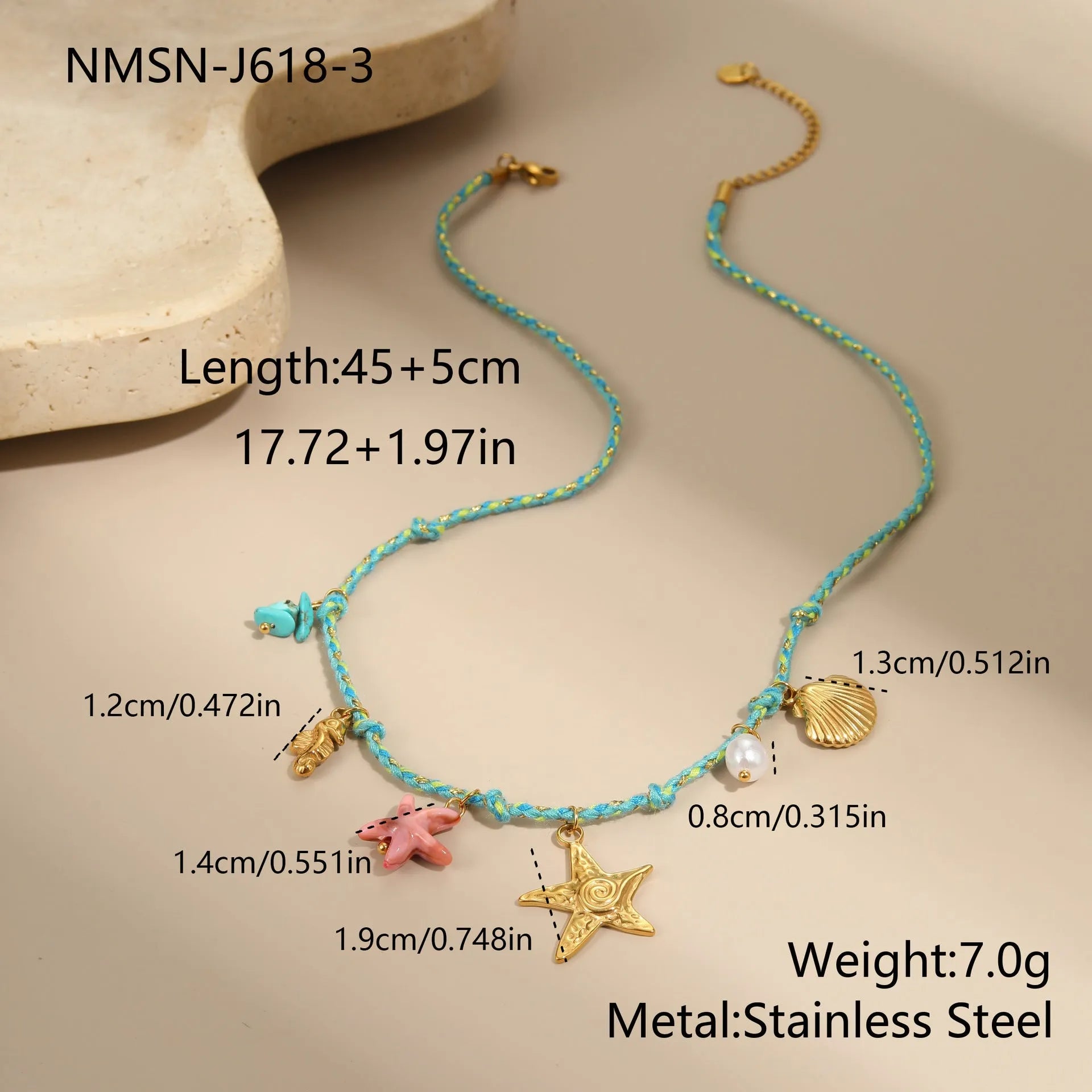 Handmade braided rope titanium steel necklace and bracelet set with 18K gold electroplated heart, star, and geometric pendants.