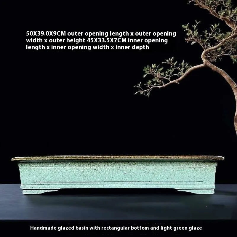 Green handmade ceramic bonsai pot with retro purple sand crackled glaze finish
