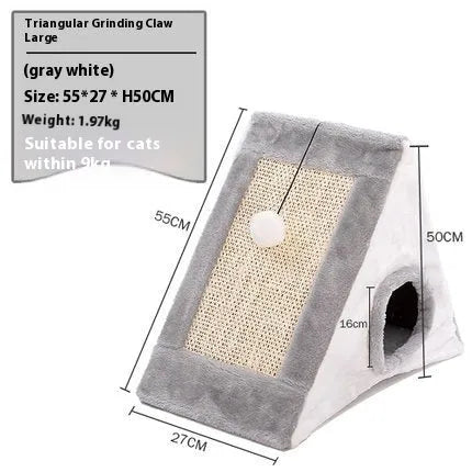 Triangle-shaped cat scratching post and enclosed bed in grey and white colour combination.