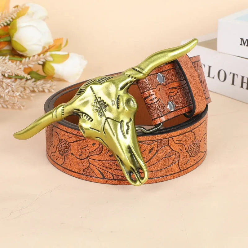 Men's imitation leather belt with cow head buckle design in black or brown colours
