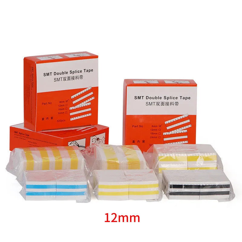 SMT double-sided splicing tape rolls in yellow, black, blue and gum colours showing 8mm, 12mm, 16mm, 24mm width options