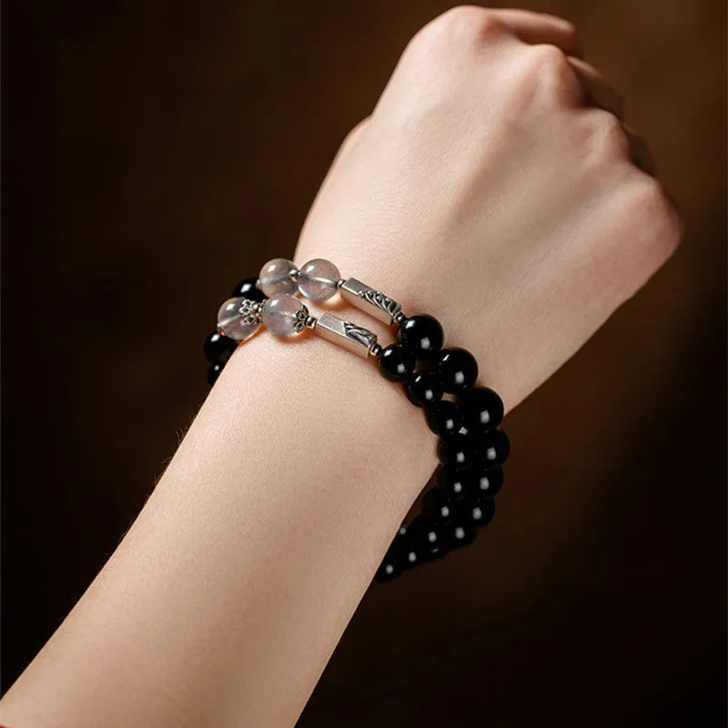 Obsidian Buddha beads couple bracelet DIY kit with 8mm and 10mm beads in national style