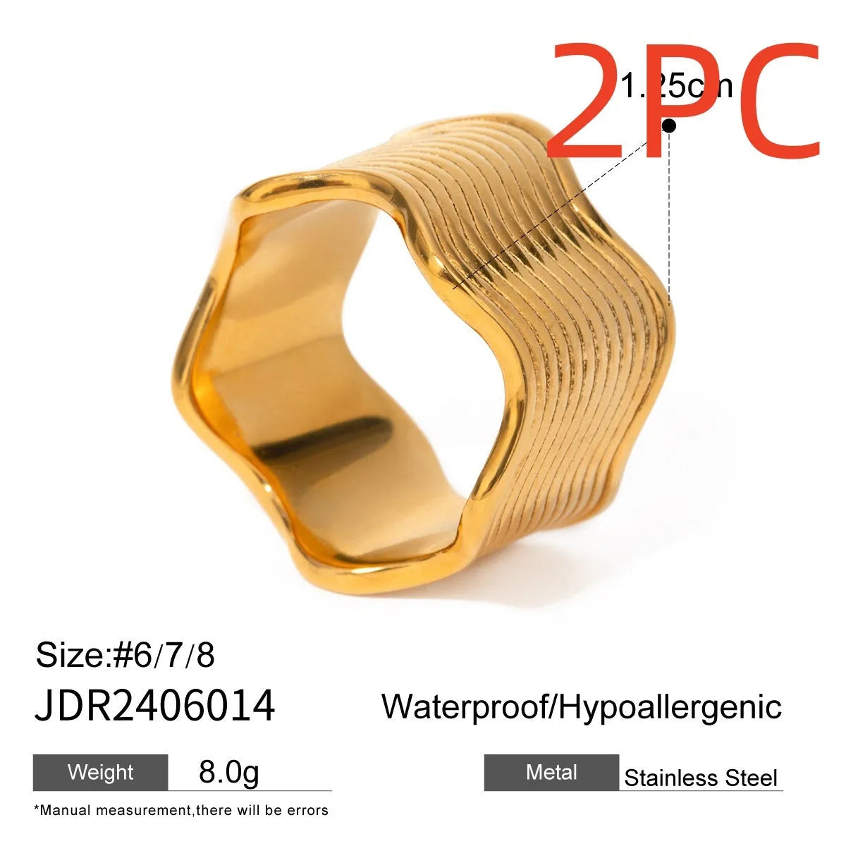 Stainless steel geometric wave ring with electroplated finish in gold or silver tone