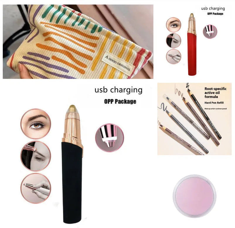 Eyebrow epilator pen with gold plated head and LED light on pink background