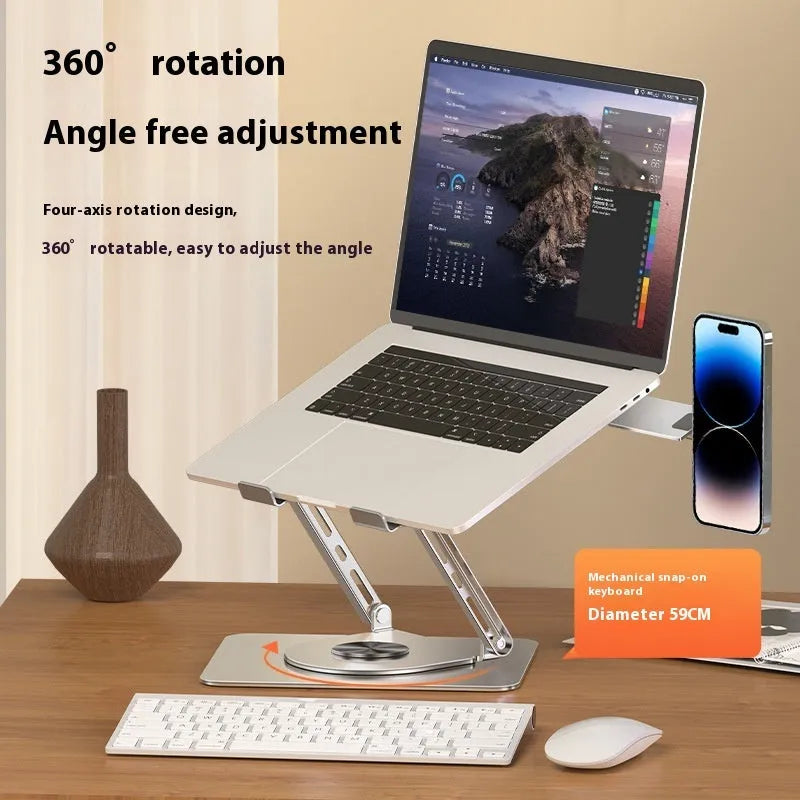 Silver carbon steel laptop stand with a rotating magnetic mobile phone holder attached to the side.
