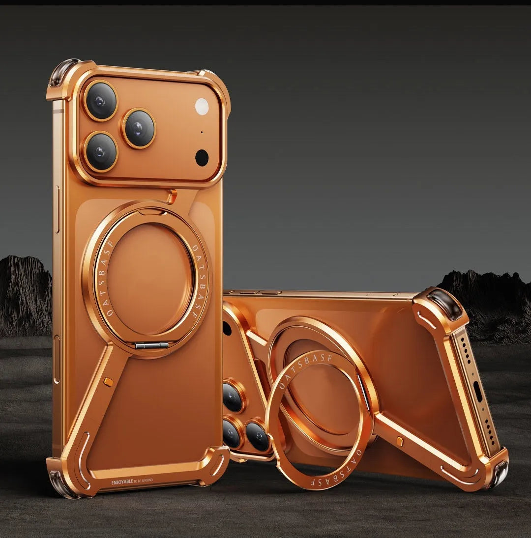 Black metal phone case for iPhone 17 Pro Max showing the built-in magnetic bracket and electroplated finish.