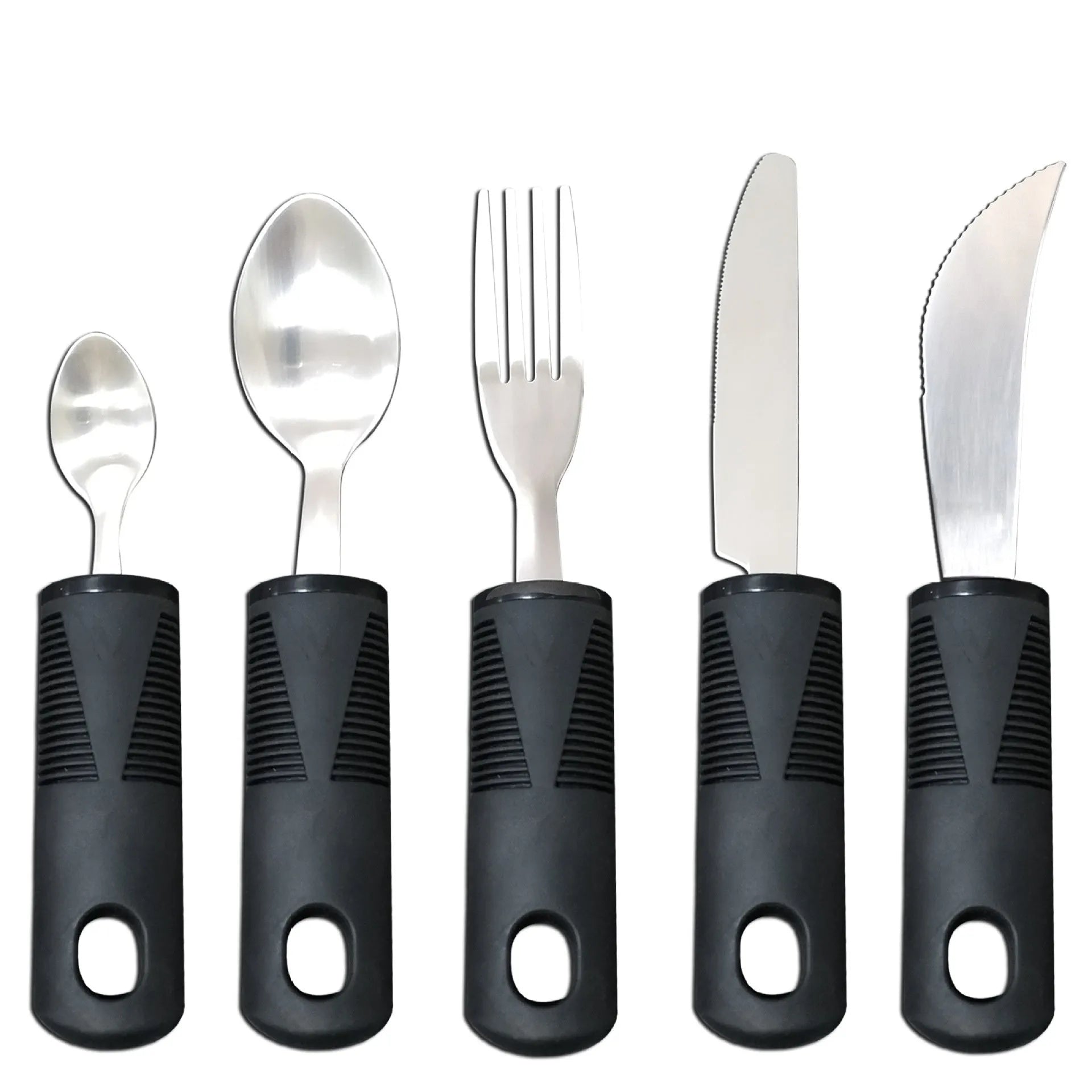Adaptive cutlery set with stainless steel utensils and rubber grip handles for hand tremor assistance
