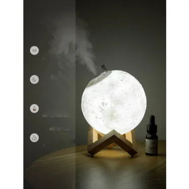 Wood grain spherical USB humidifier and night light on a table, showing its 13 cm size.