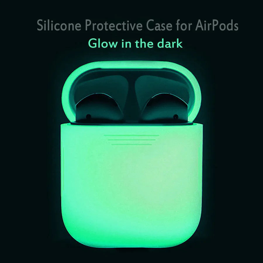 Luminous blue silicone flip-open protective case for Apple AirPods wireless earphones.