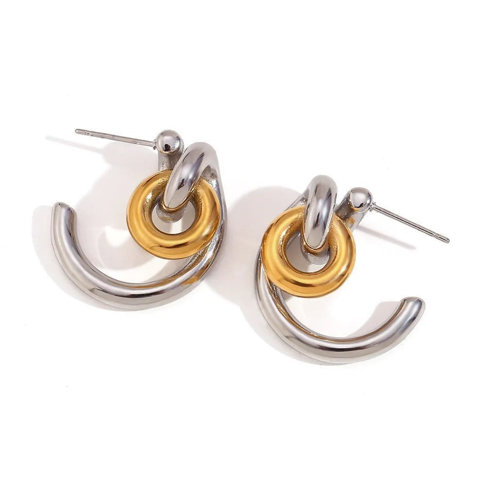 Women's gold electroplated geometric jewellery set with earrings, bracelet and necklace on stainless steel