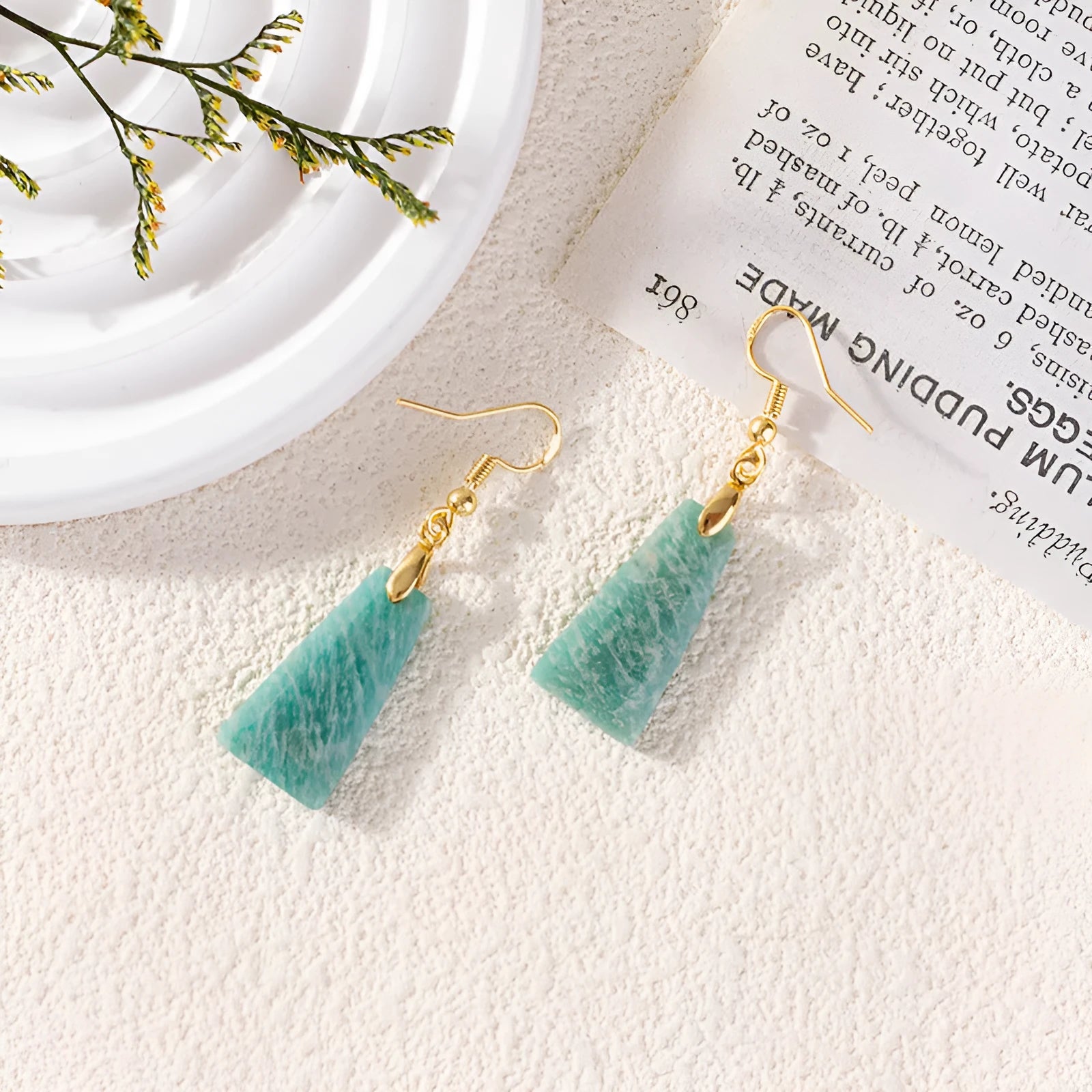 Geometric trapezoid earrings with amazonite rough stone in gold finish