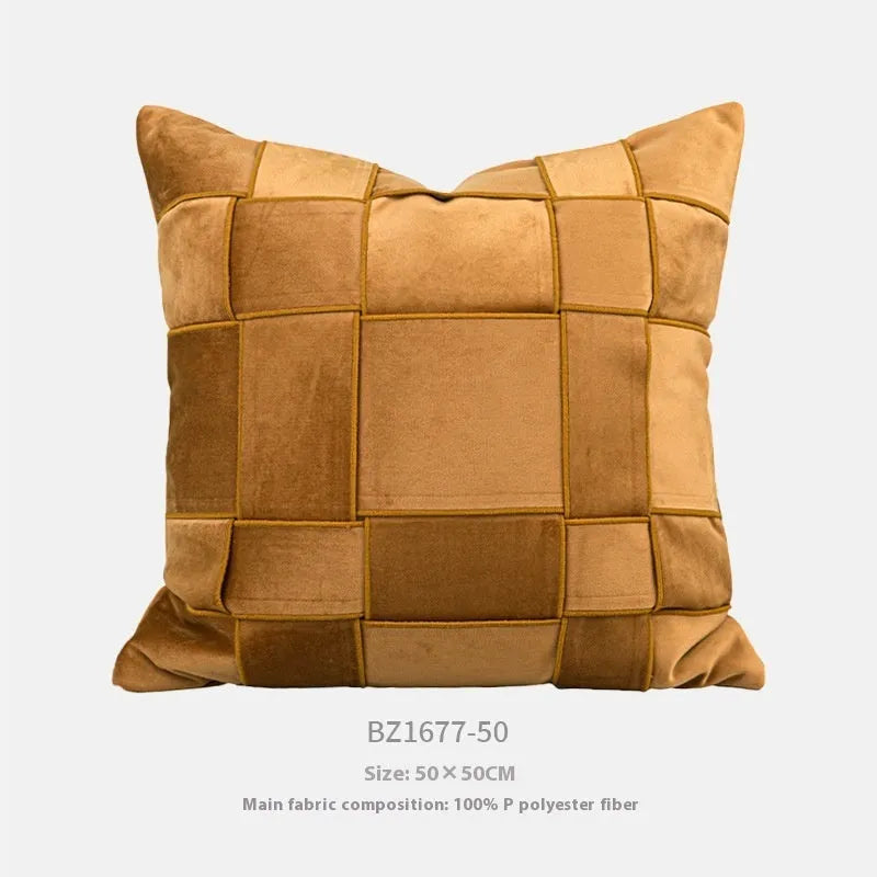 Square chenille woven cushion in beige colour on a grey sofa, 50x50cm size.