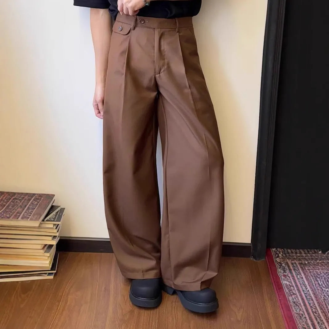 Men's brown wide-leg straight-cut casual trousers made from a polyester blend fabric on a hanger.