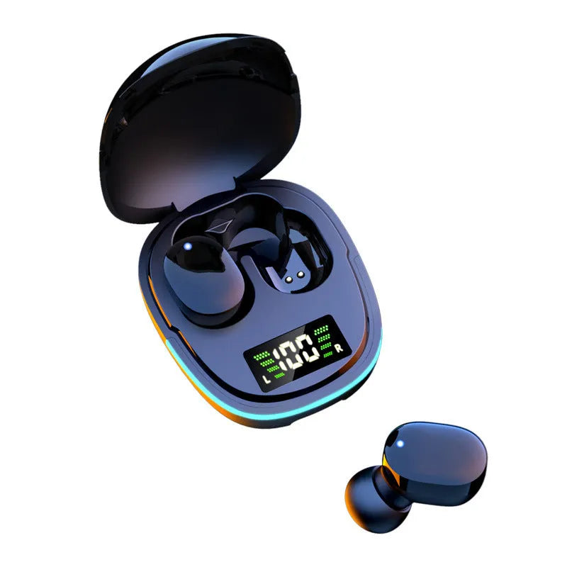 Black true wireless Bluetooth headphones with charging case showing digital battery display