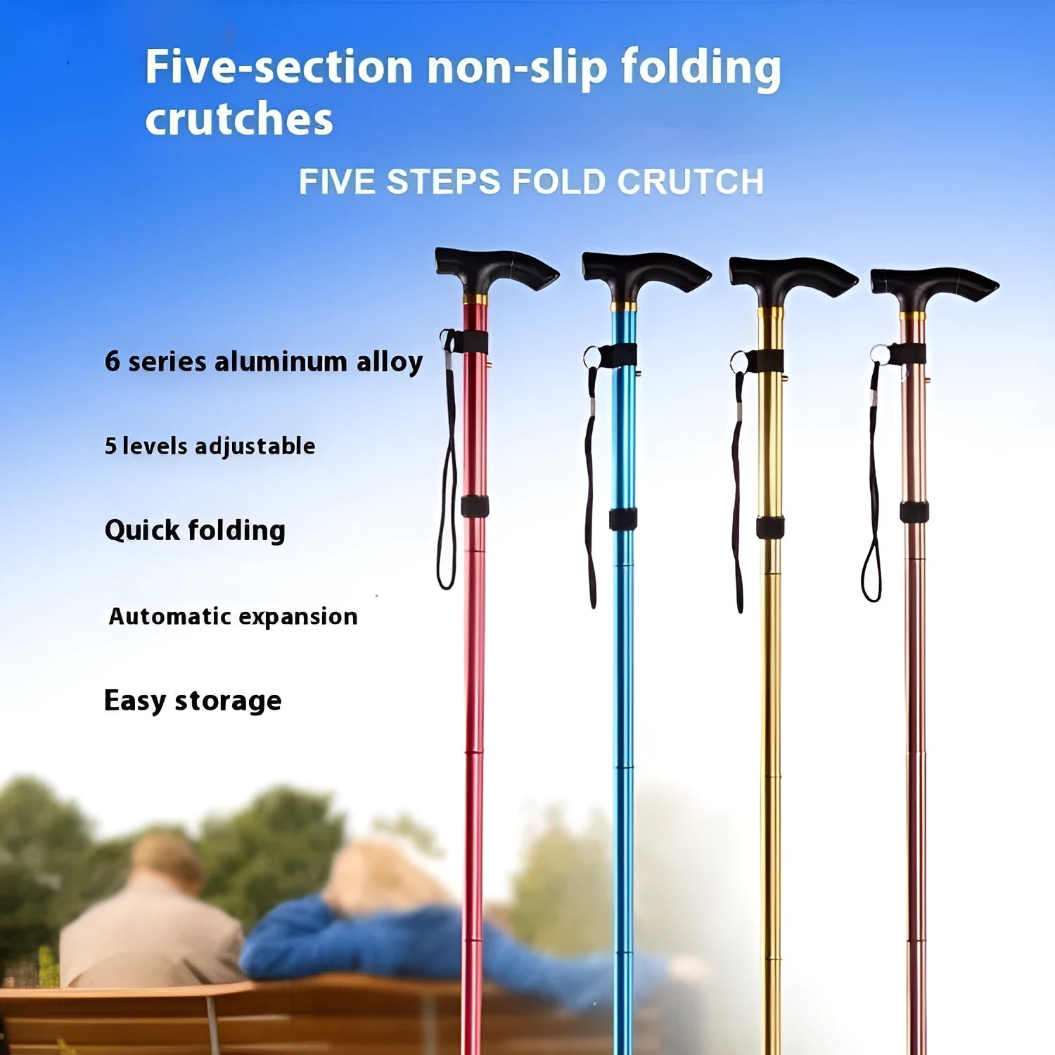Aluminium folding walking stick extended to show adjustable height and rubber tip