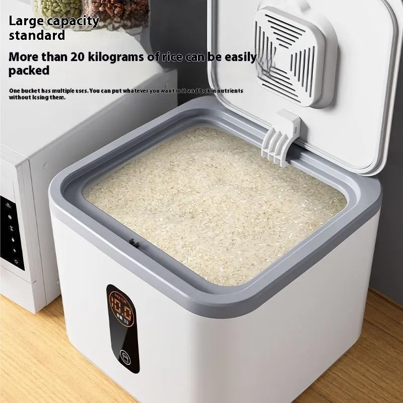 Grey plastic rice storage jar with airtight lid and measuring cup in 10kg, 20kg, and 30kg capacity options