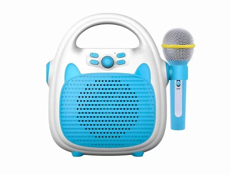Blue kids karaoke machine with built-in microphone, disco lights, and phone holder on a table