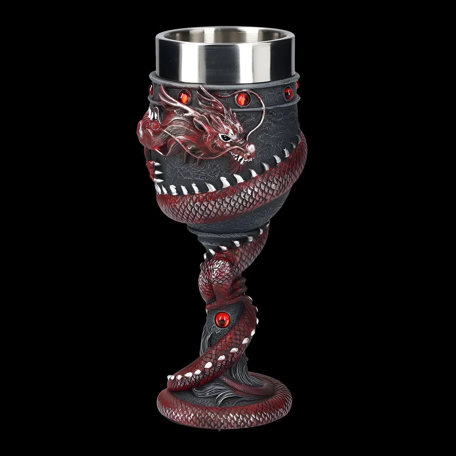 Gold and red Chinese dragon design wine glass with stainless steel stem and 200ml capacity